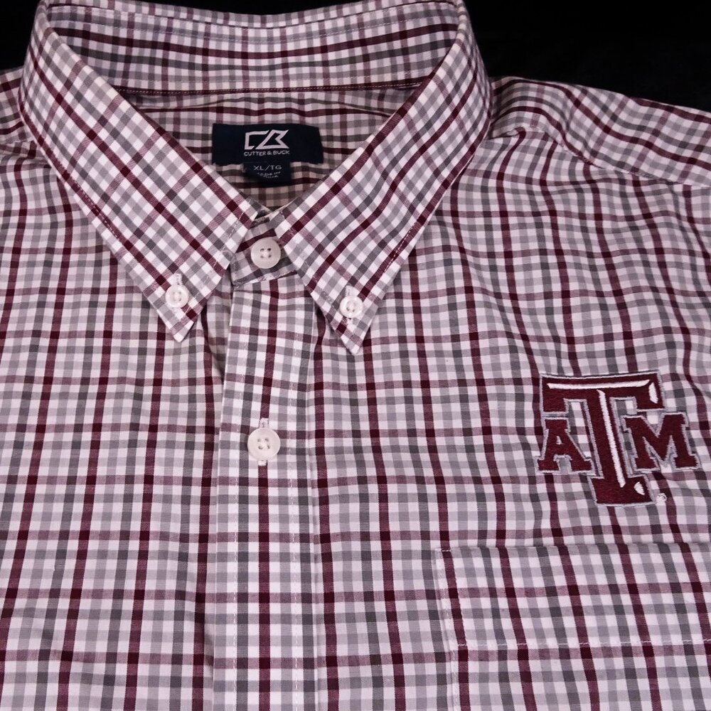 Texas A&M Aggies Long Sleeve Button Up XL Cutter & Buck Maroon Gray Gingham TAMU